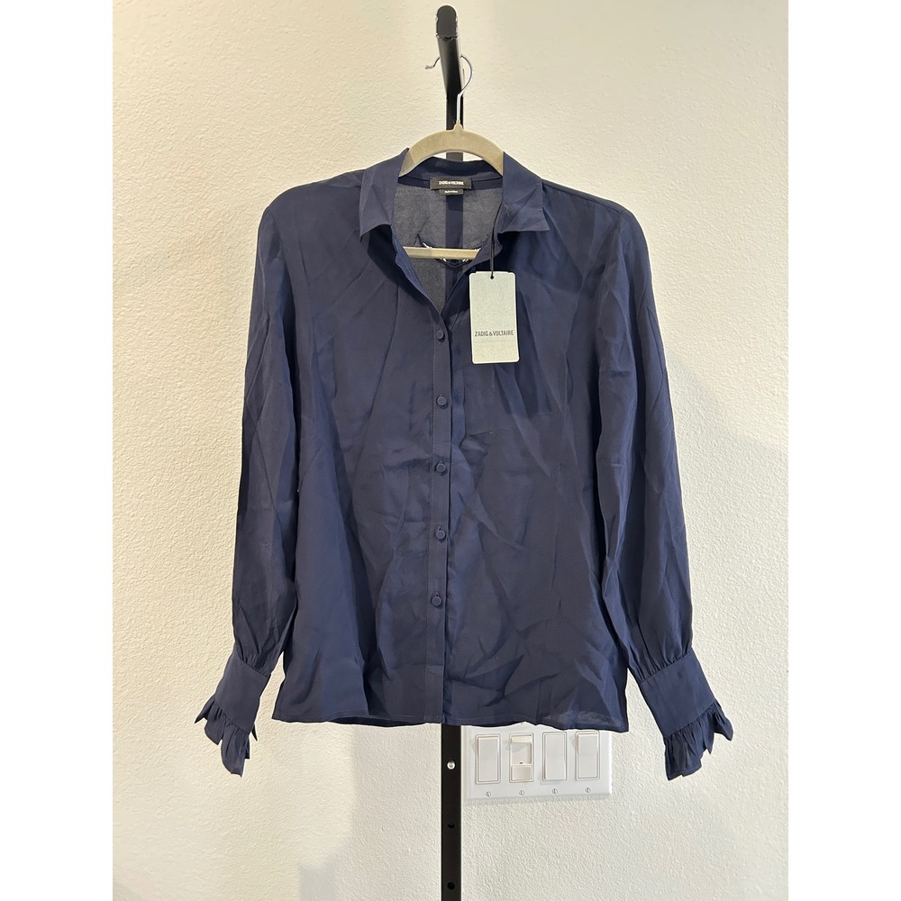 NWT Zadig & Voltaire Thely Navy Ruffled Long Sleeve Button Blouse Size XS, $298